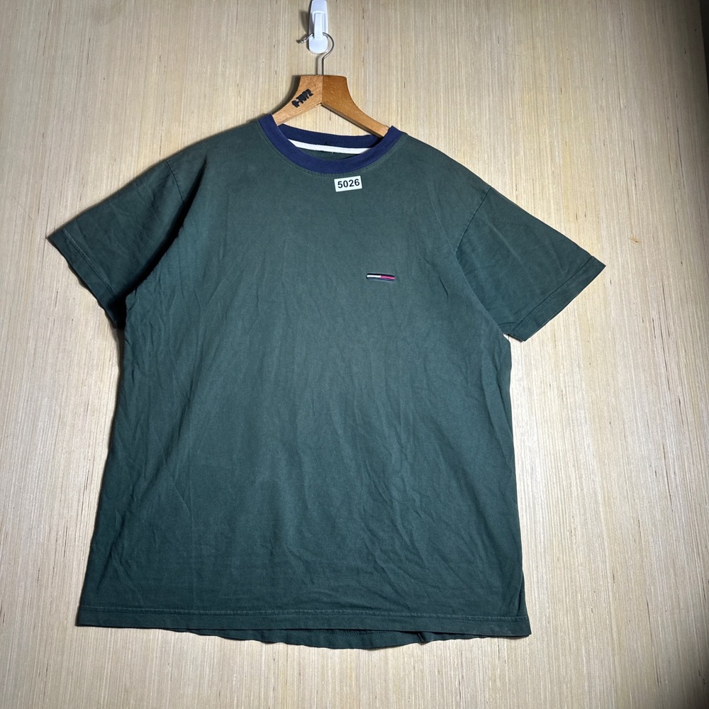 Vintage Tommy Hilfiger T Shirt Mens XL Green 90s Embroidered Flag Logo Ringer